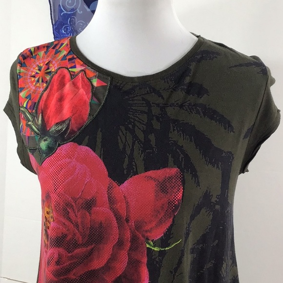 Desigual Floriana green/red flowers tee shirt S - Picture 2 of 13